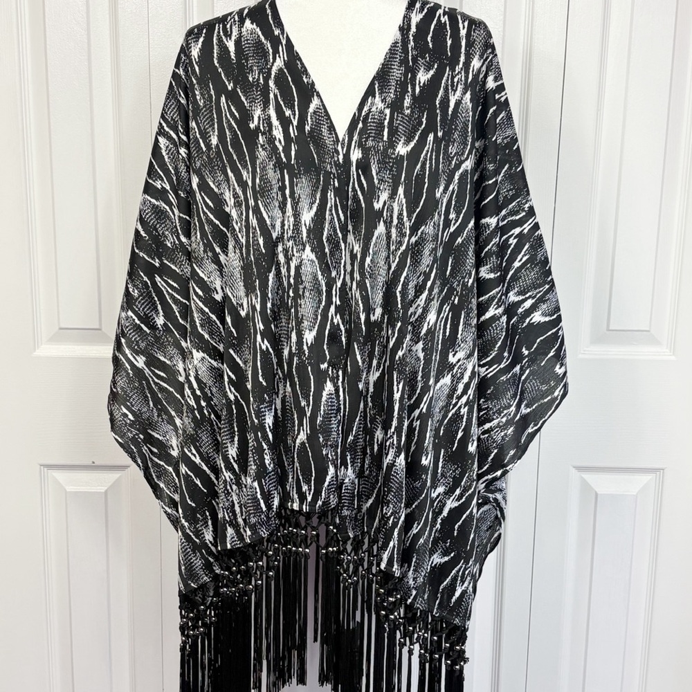 NWT Jennifer Lopez Black Snakeskin Beaded Fringe Poncho Swim Coverup 2X/3X